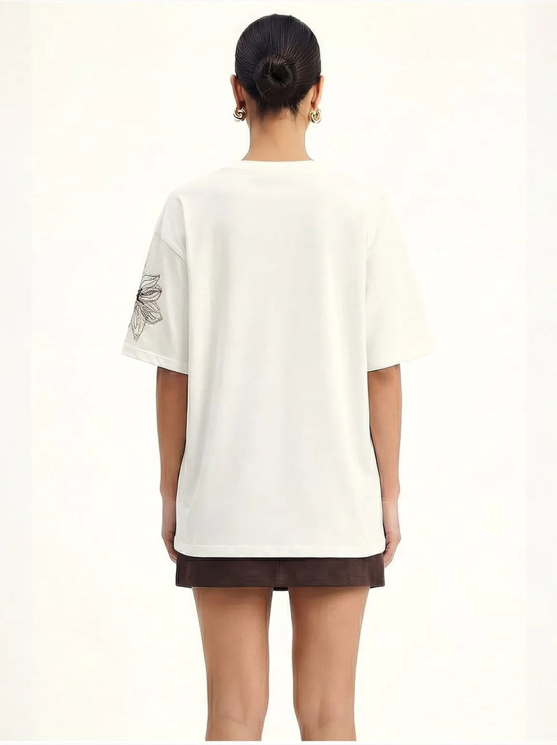 T-shirt de gola redonda com bordado floral lucci Branco - Kiabi