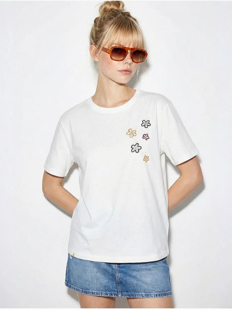 T-shirt de gola redonda com bordado floral lucci Branco - Kiabi