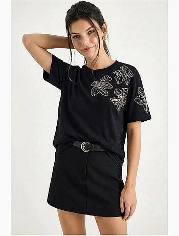 T-shirt de gola redonda com bordado floral lucci