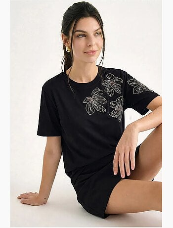 T-shirt de gola redonda com bordado floral lucci