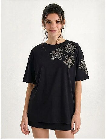 T-shirt de gola redonda com bordado floral lucci