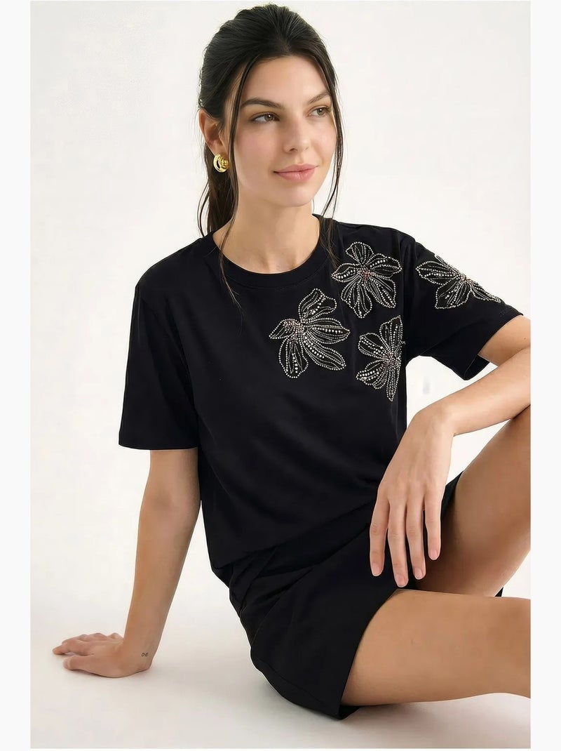 T-shirt de gola redonda com bordado floral lucci Preto - Kiabi
