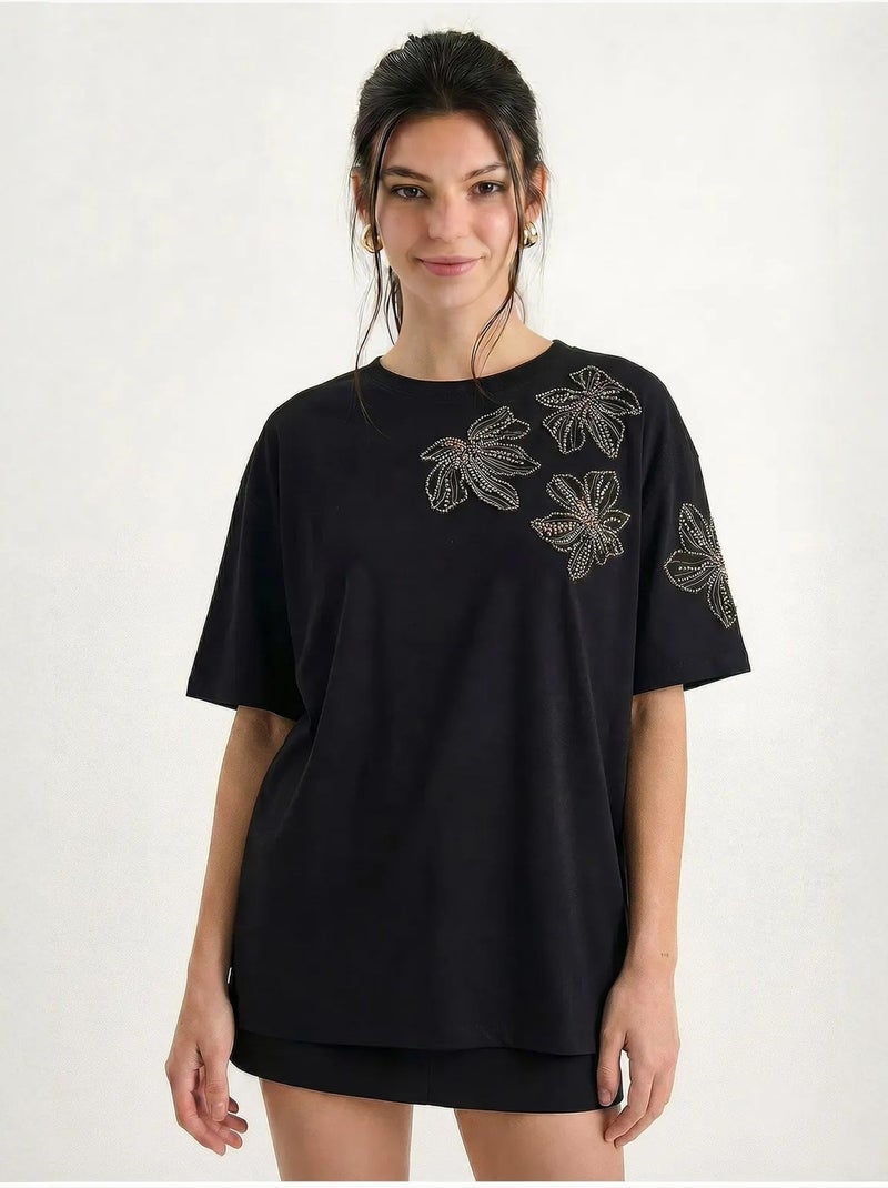 T-shirt de gola redonda com bordado floral lucci Preto - Kiabi