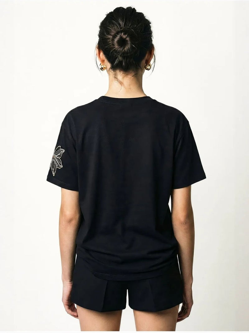 T-shirt de gola redonda com bordado floral lucci Preto - Kiabi