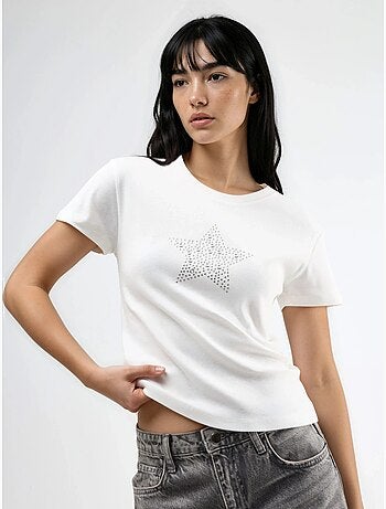 T-shirt de gola redonda com detalhe de pedra busem