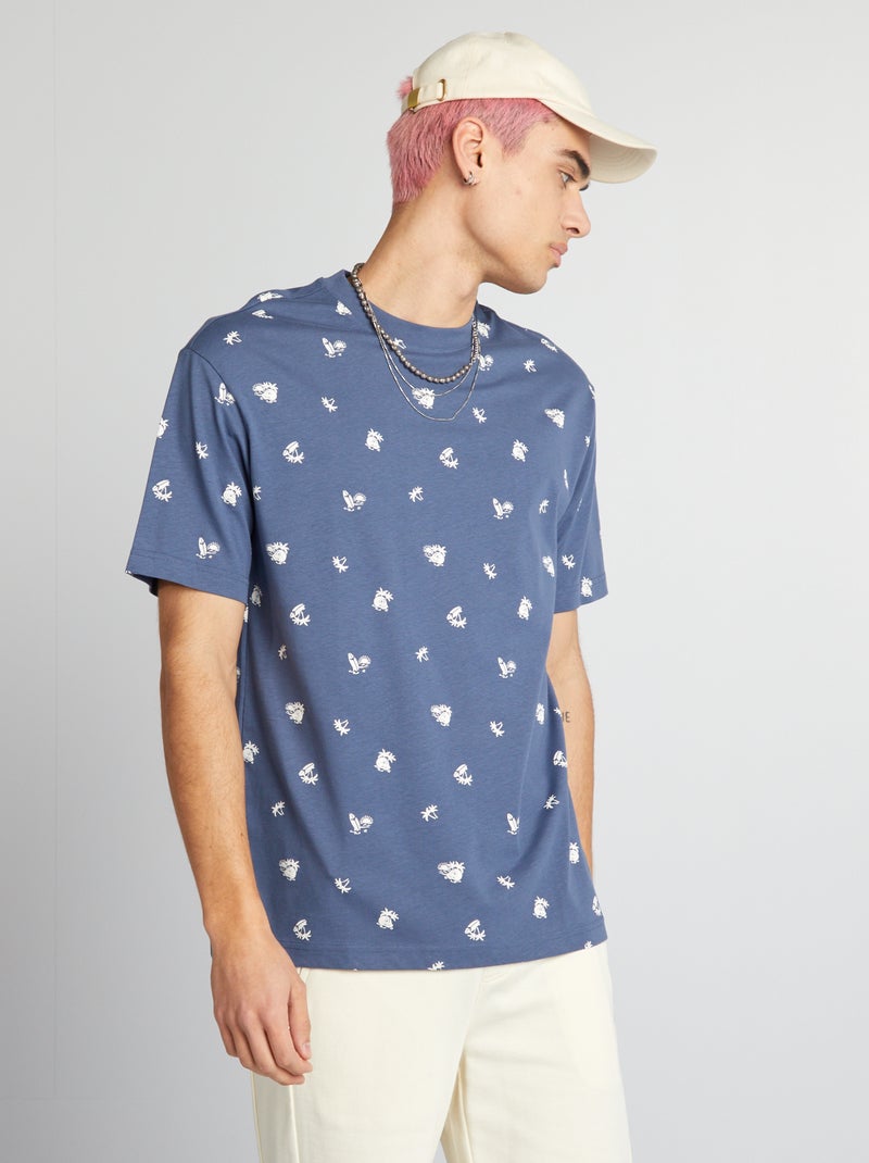 T-shirt de gola redonda com estampado AZUL - Kiabi