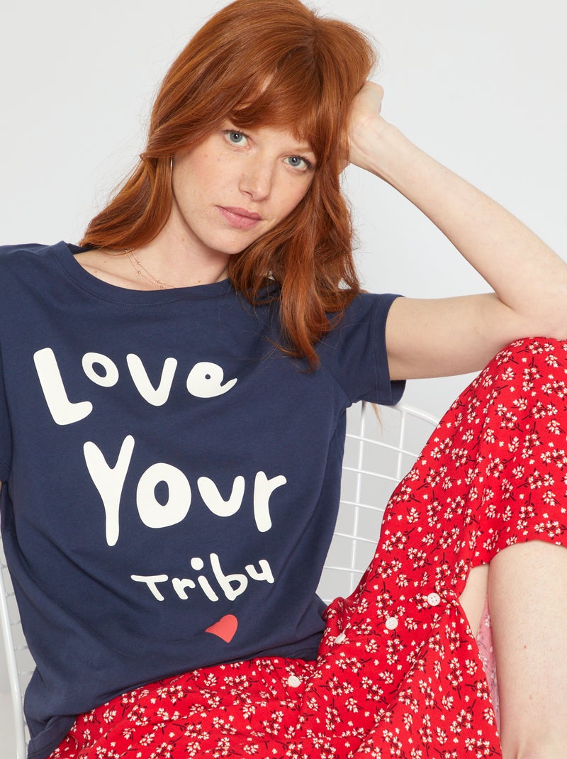 T-shirt de gola redonda com estampado AZUL - Kiabi
