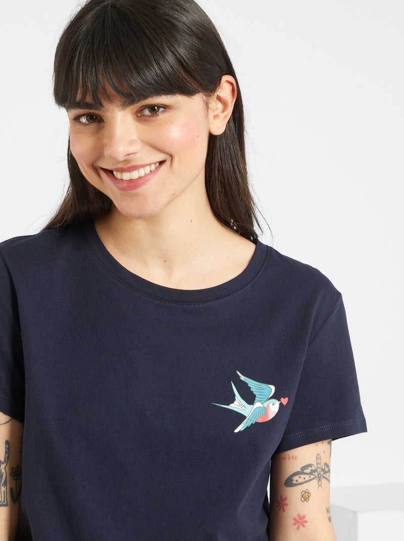 T-shirt de gola redonda com estampado AZUL - Kiabi