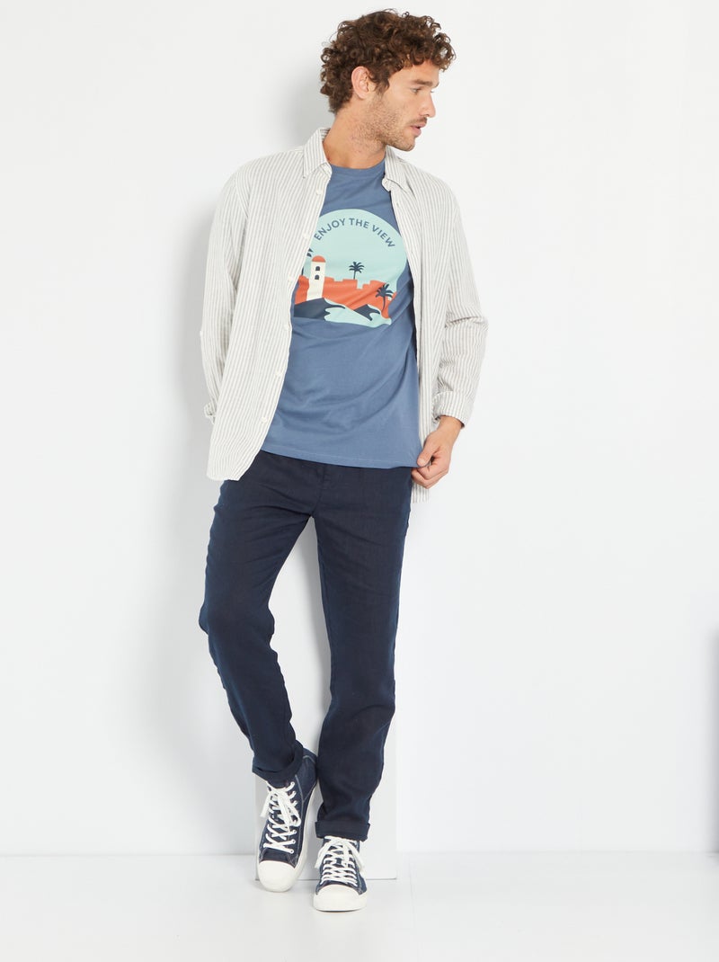 T-shirt de gola redonda com estampado AZUL - Kiabi