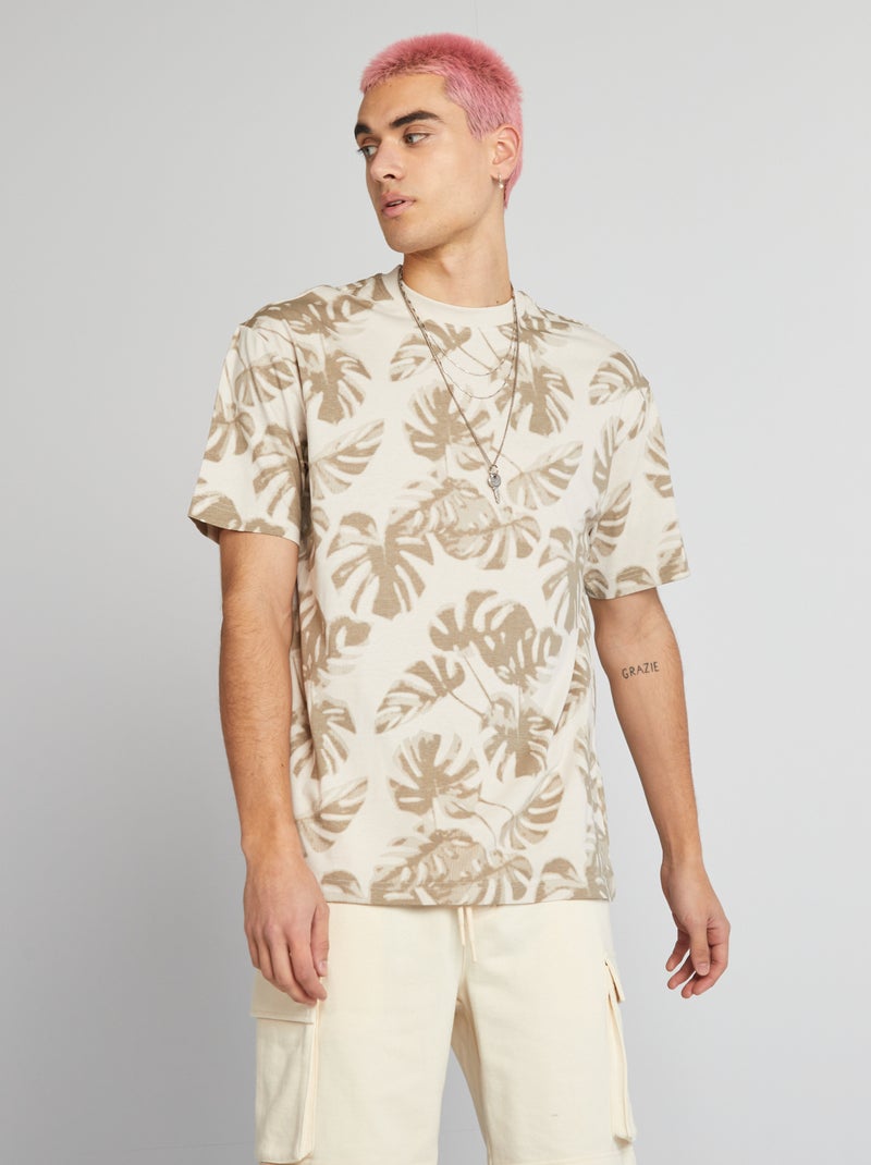 T-shirt de gola redonda com estampado BEGE - Kiabi