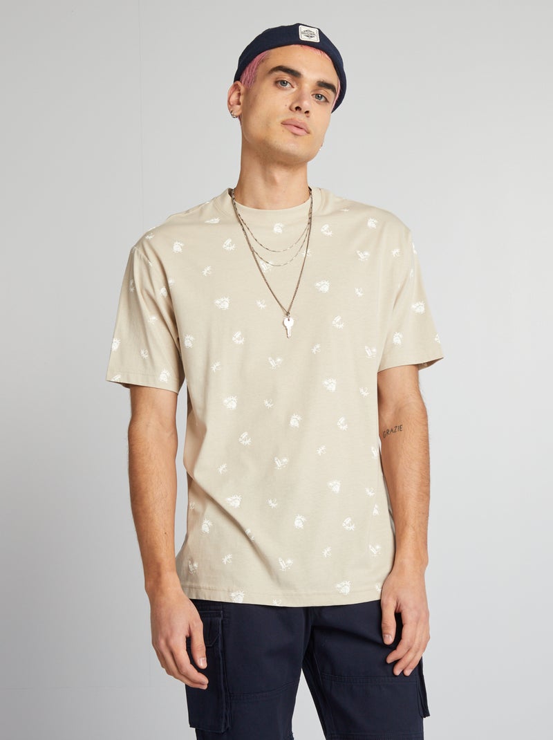 T-shirt de gola redonda com estampado BEGE - Kiabi