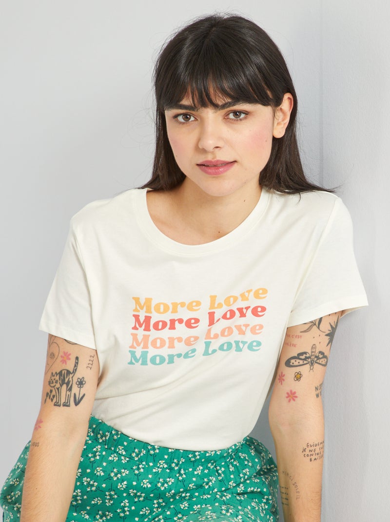 T-shirt de gola redonda com estampado BRANCO - Kiabi