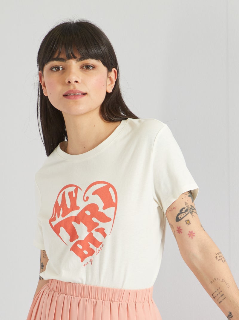 T-shirt de gola redonda com estampado BRANCO - Kiabi