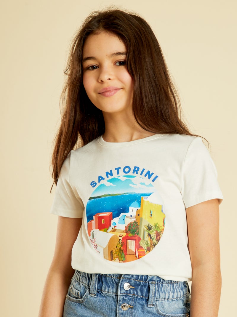 T-shirt de gola redonda com estampado BRANCO - Kiabi