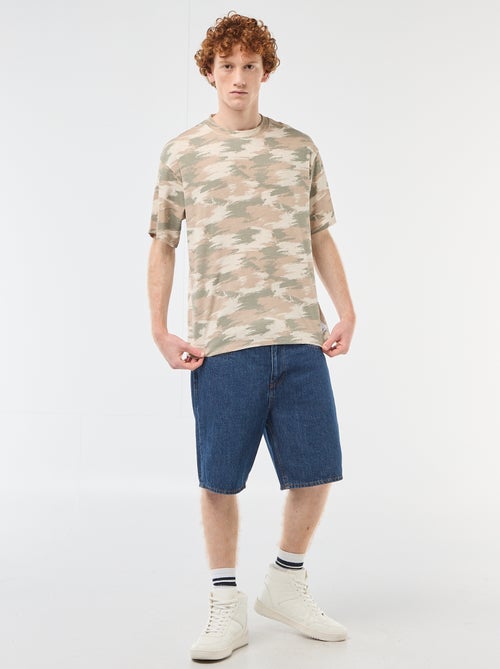 T-shirt de gola redonda com estampado 'camuflado' em algodão - Kiabi