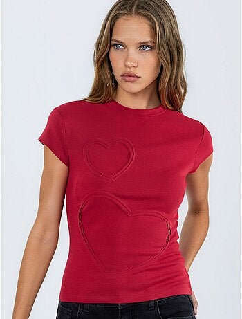 T-shirt de gola redonda com estampado de corações bordados busem