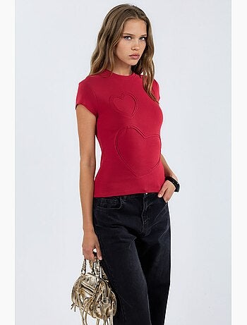 T-shirt de gola redonda com estampado de corações bordados busem