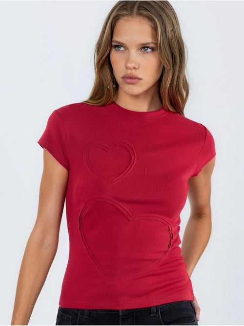 T-shirt de gola redonda com estampado de corações bordados busem - Kiabi T-shirt de gola redonda com estampado de corações bordados busem - Kiabi