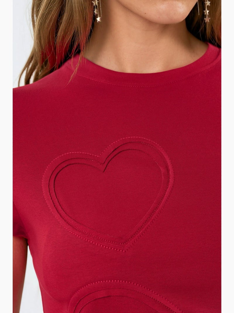 T-shirt de gola redonda com estampado de corações bordados busem Vermelho - Kiabi
