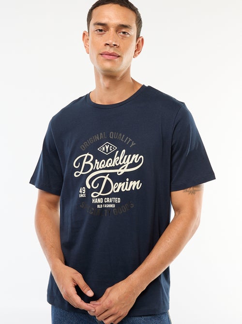 T-shirt de gola redonda com estampado em algodão - Kiabi