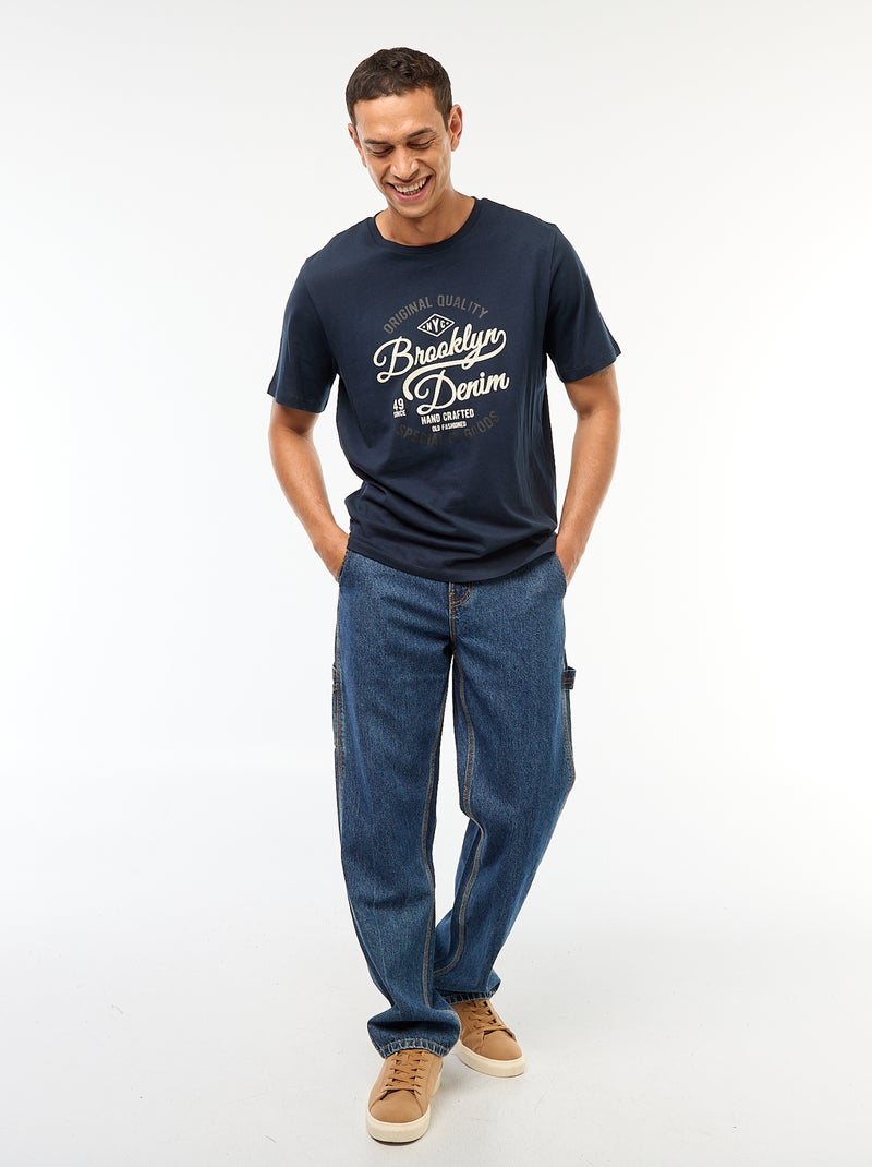 T-shirt de gola redonda com estampado em algodão Azul - Kiabi