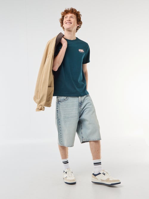 T-shirt de gola redonda com estampado em algodão - Kiabi