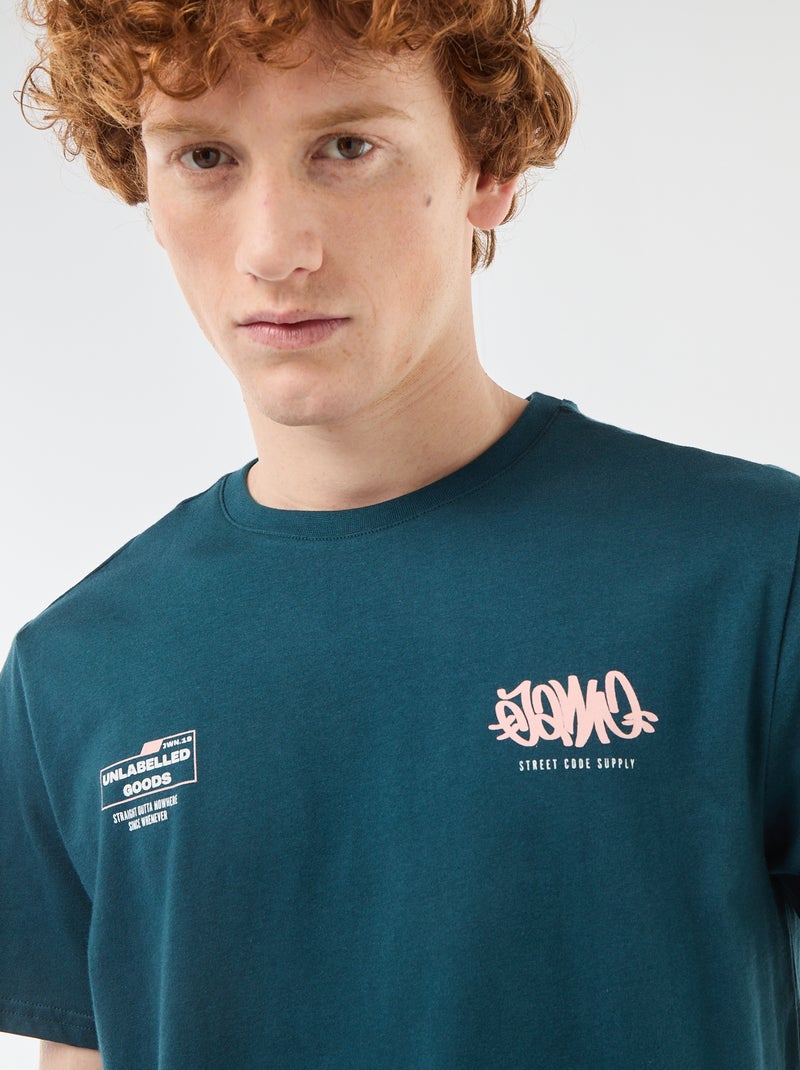 T-shirt de gola redonda com estampado em algodão Azul - Kiabi