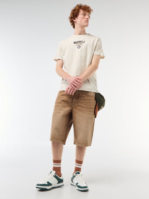 T-shirt de gola redonda com estampado em algodão - Kiabi