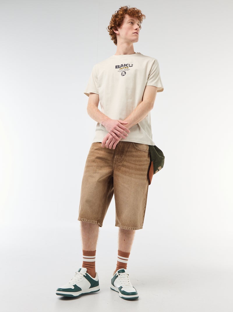 T-shirt de gola redonda com estampado em algodão Bege - Kiabi