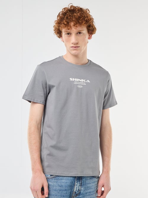 T-shirt de gola redonda com estampado em algodão - Kiabi