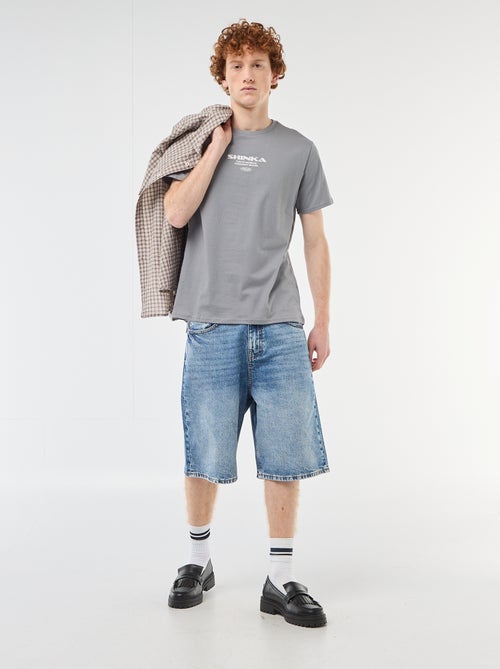 T-shirt de gola redonda com estampado em algodão - Kiabi