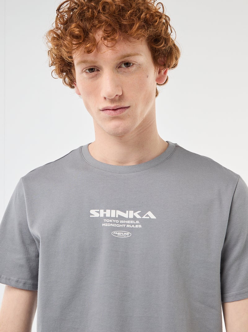 T-shirt de gola redonda com estampado em algodão Cinza - Kiabi