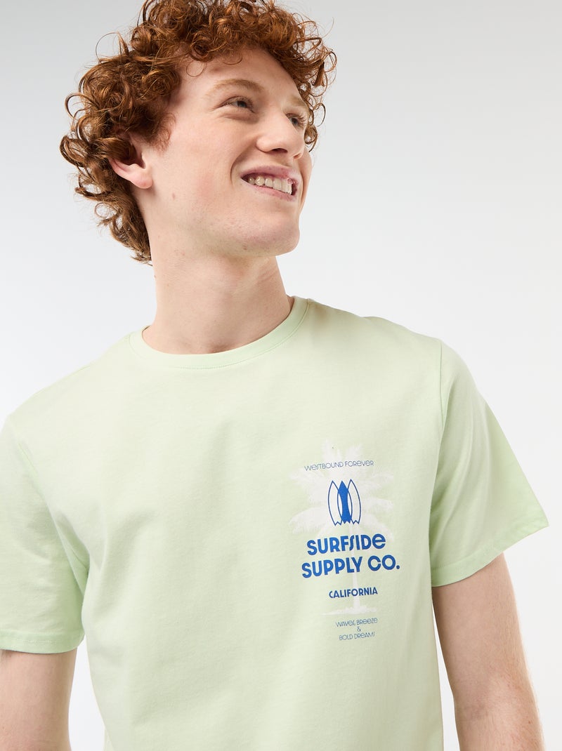 T-shirt de gola redonda com estampado em algodão Verde - Kiabi
