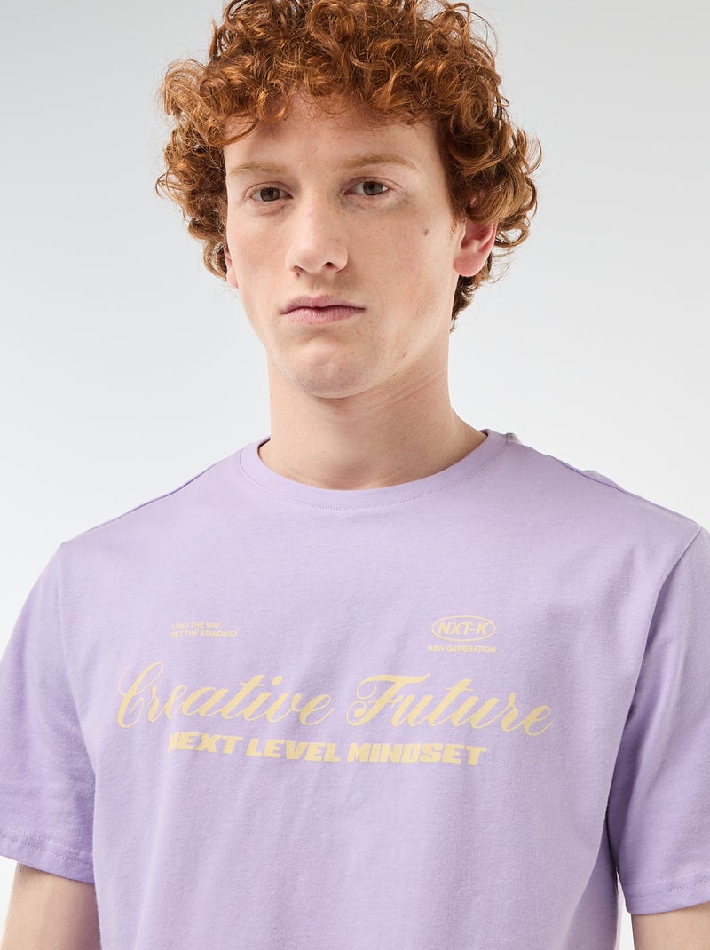 T-shirt de gola redonda com estampado em algodão Violeta - Kiabi