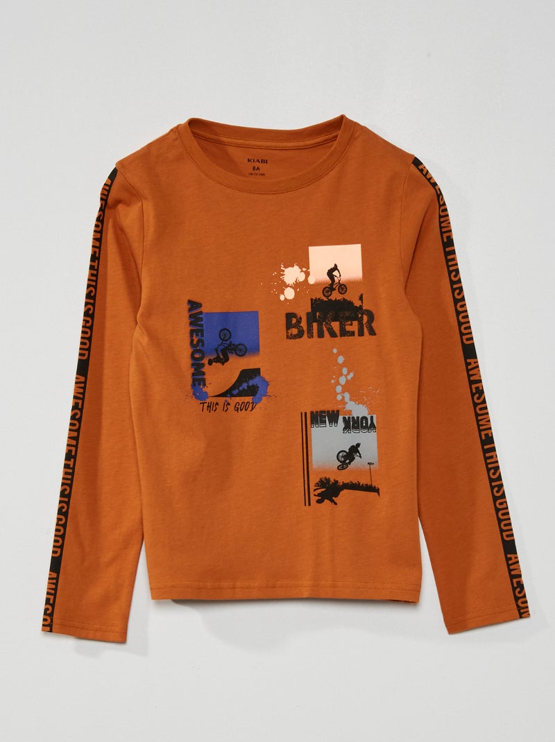 T-shirt de gola redonda com estampado MARROM - Kiabi