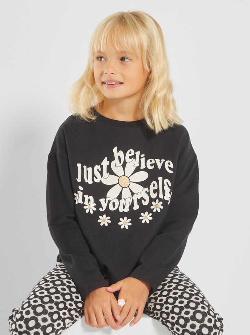 T-shirt de gola redonda com estampado PRETO - Kiabi