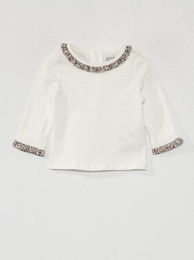 T-shirt de gola redonda com folhos BRANCO - Kiabi