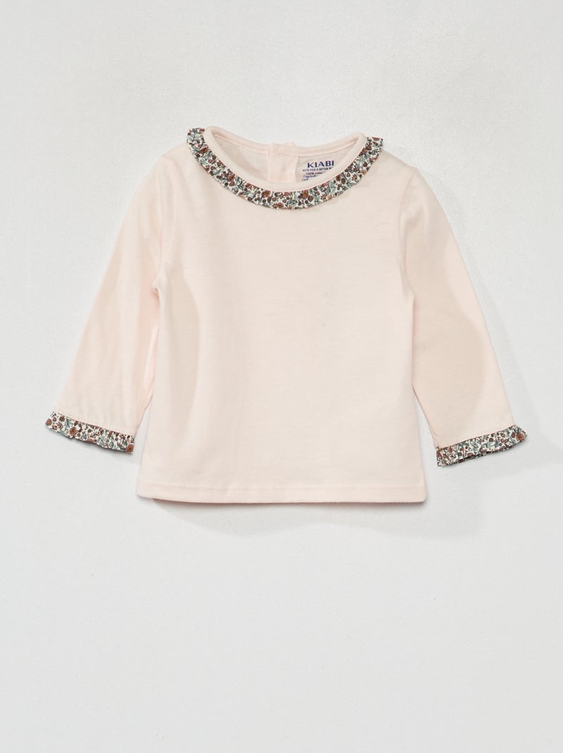 T-shirt de gola redonda com folhos ROSA - Kiabi