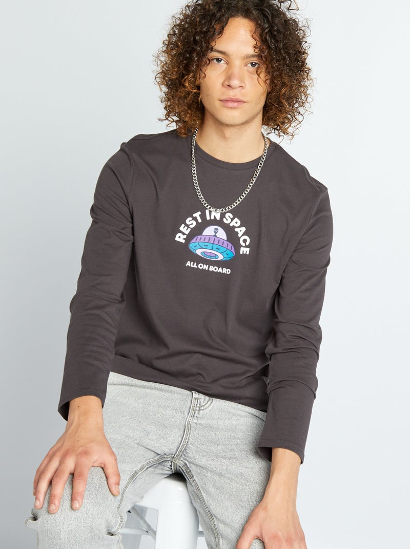 T-shirt de gola redonda de manga comprida PRETO - Kiabi