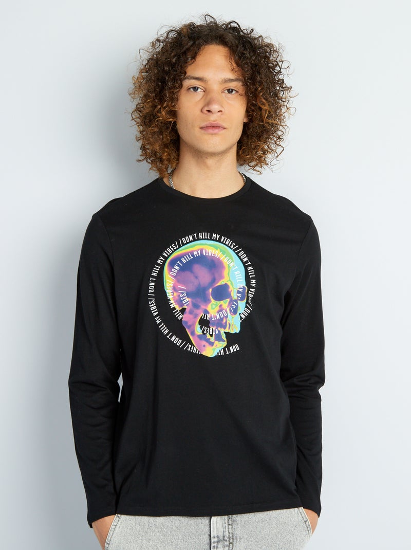 T-shirt de gola redonda de manga comprida PRETO - Kiabi