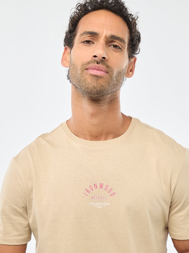 T-shirt de gola redonda e manga curta com estampado Bege - Kiabi