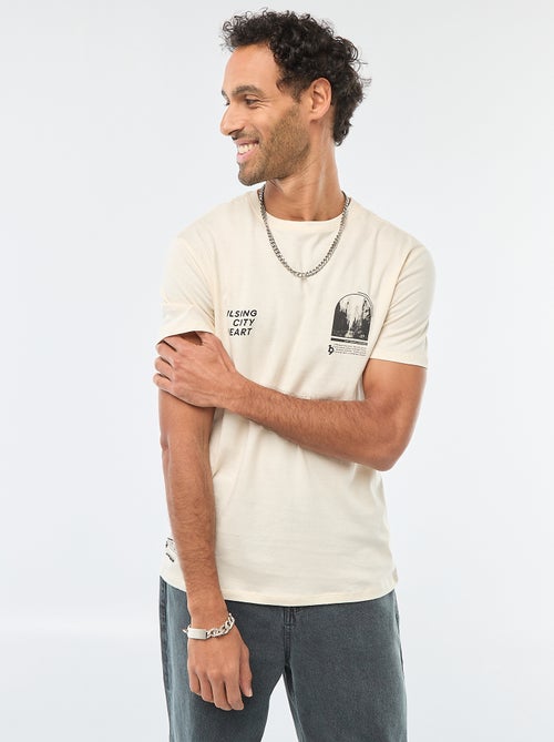 T-shirt de gola redonda e manga curta com estampado - Kiabi