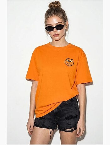 T-shirt de gola redonda em algodão penteado oversized com bordado lucci