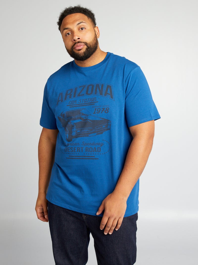 T-shirt de gola redonda em jersey com estampado AZUL - Kiabi
