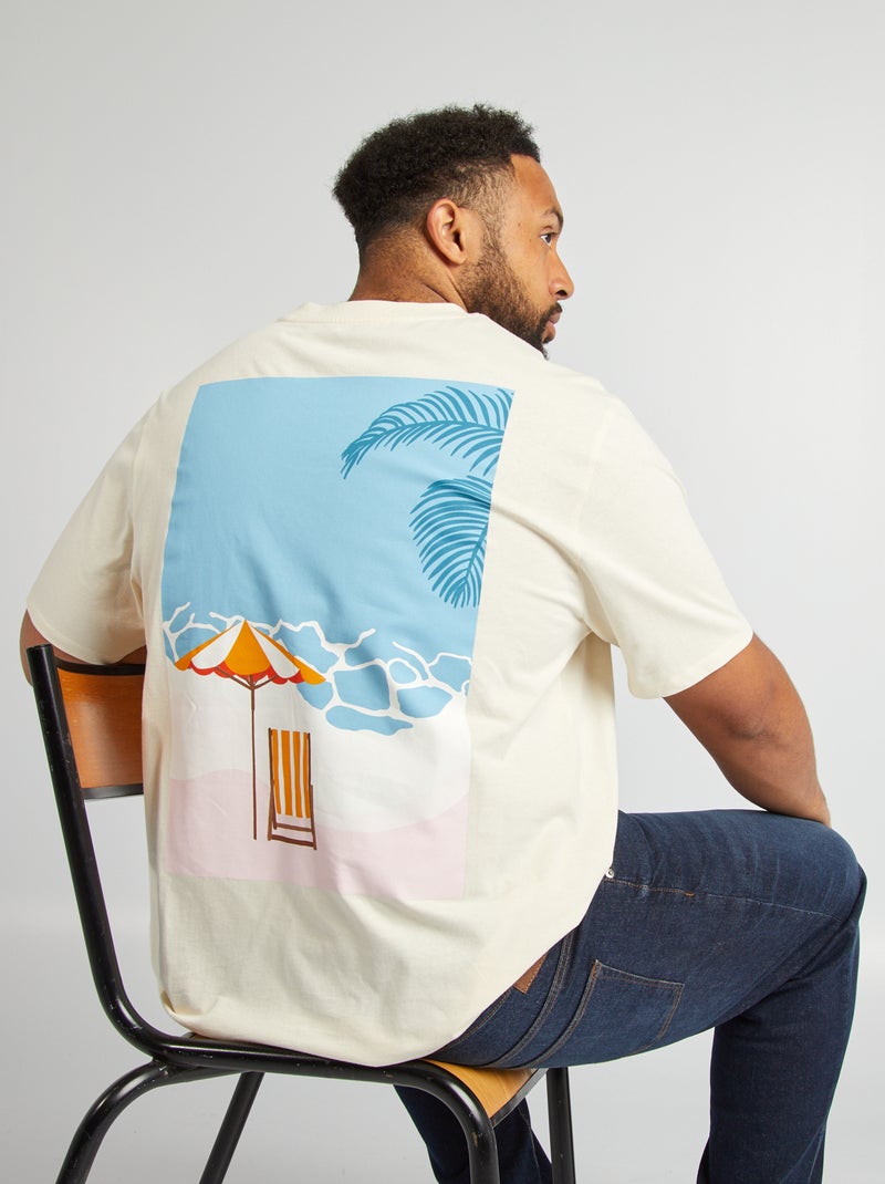 T-shirt de gola redonda em jersey com estampado e bordado AMARELO - Kiabi