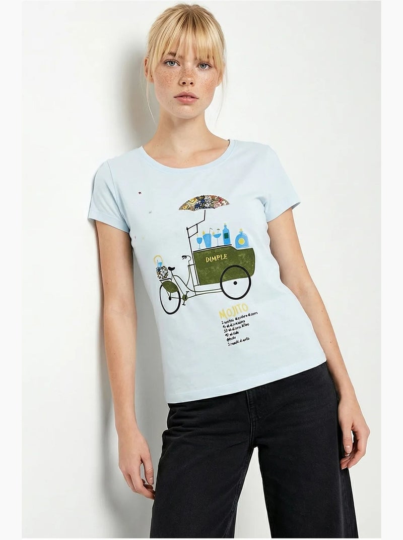 T-shirt de gola redonda estampada com bordado lucci Azul-céu - Kiabi