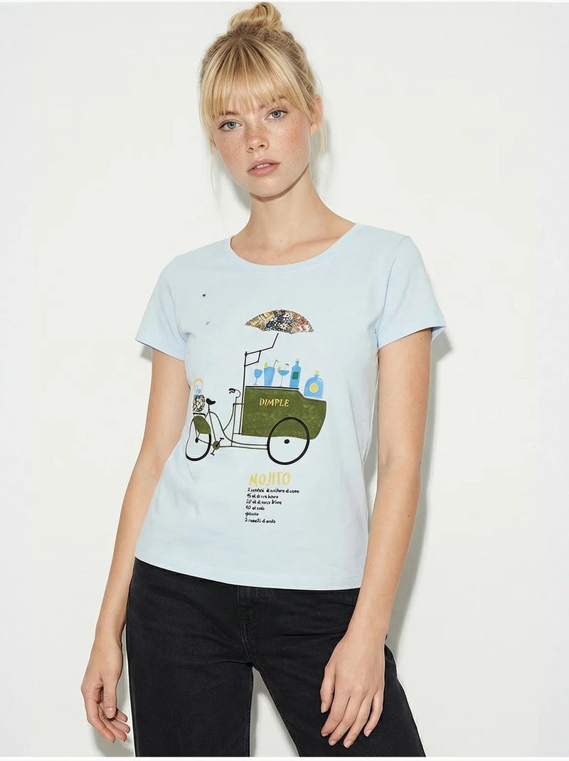 T-shirt de gola redonda estampada com bordado lucci Azul-céu - Kiabi
