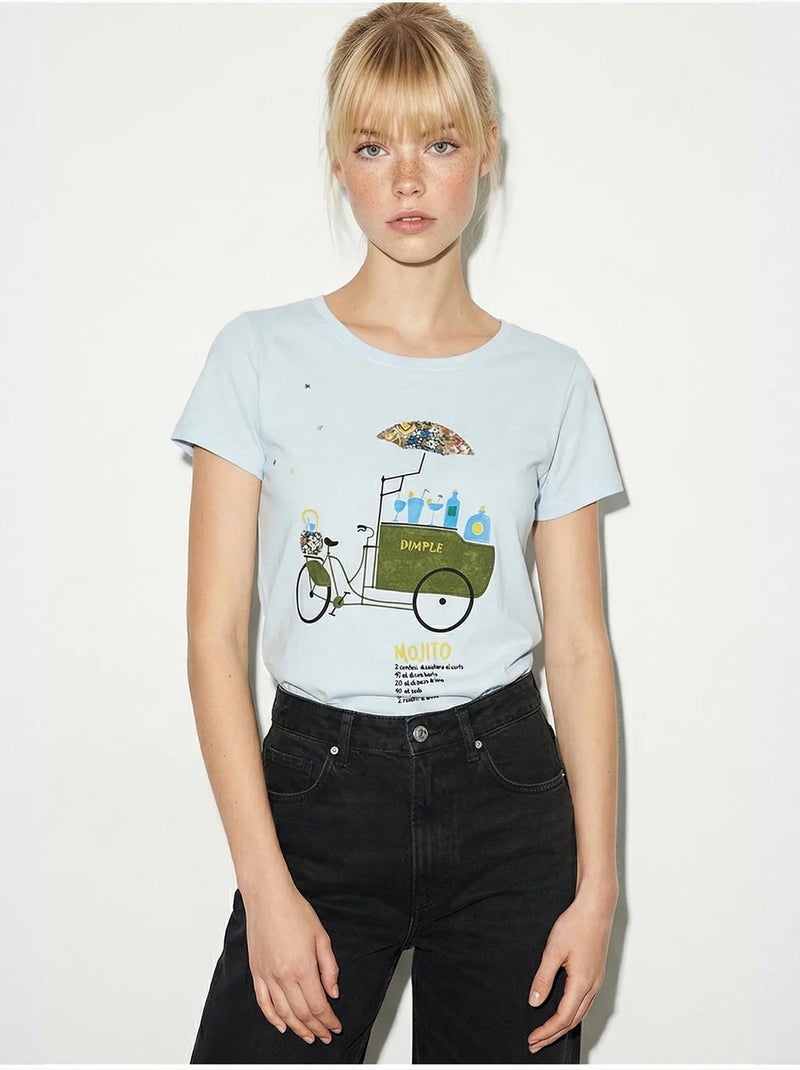 T-shirt de gola redonda estampada com bordado lucci Azul-céu - Kiabi