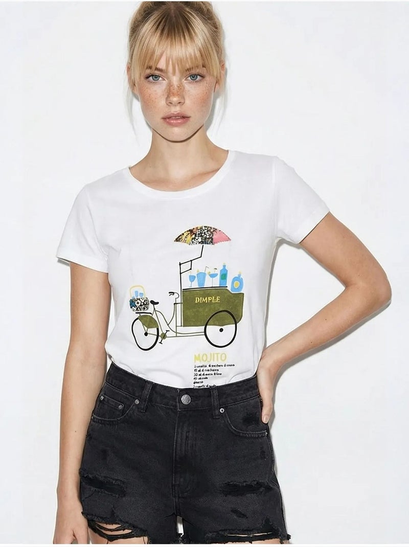 T-shirt de gola redonda estampada com bordado lucci Branco - Kiabi