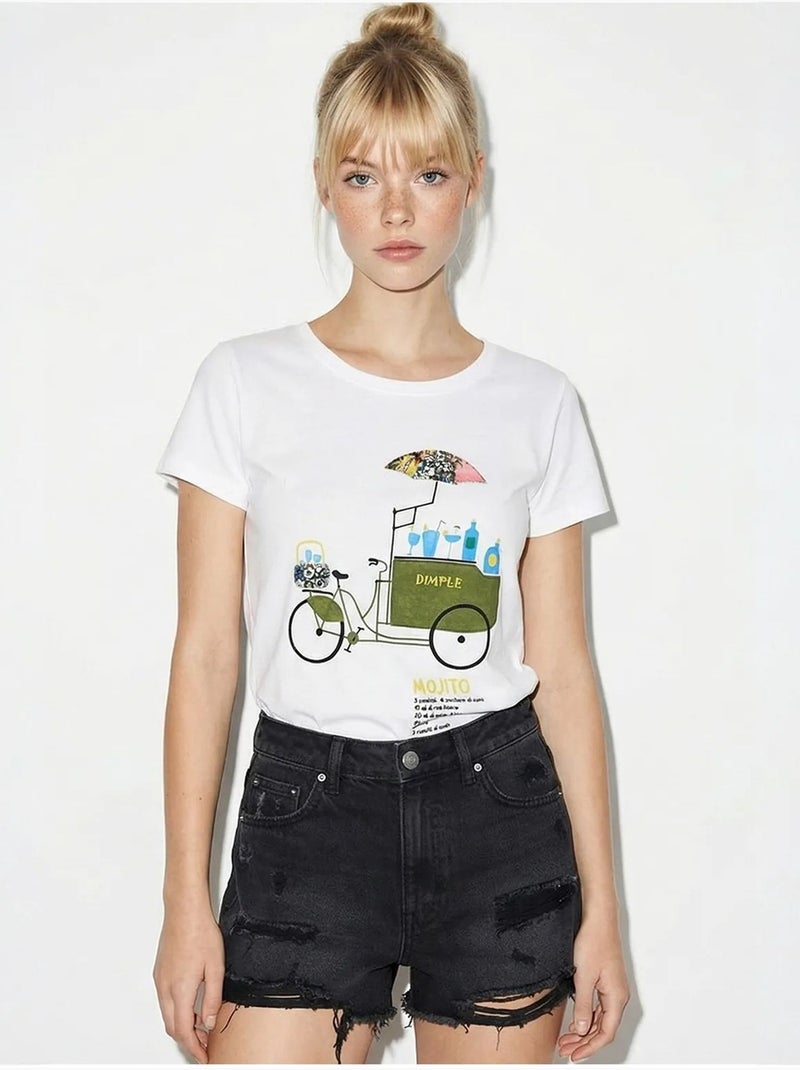 T-shirt de gola redonda estampada com bordado lucci Branco - Kiabi